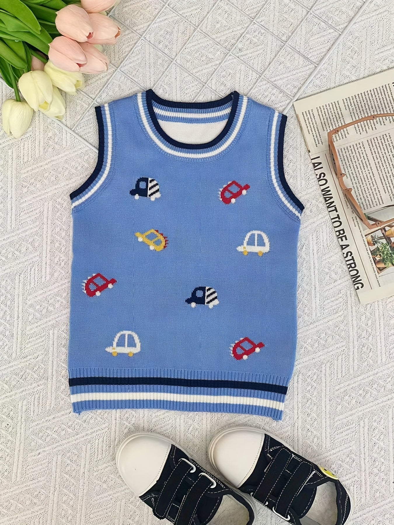 Boys Cartoon Car Graphic Print Sleeveless Sweater Vest