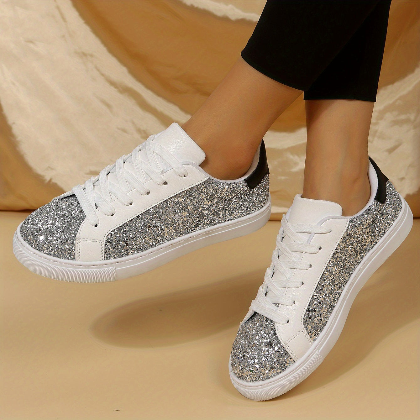 Sequin Decor Glitter Faux Leather Low Cut Lace Up Skate Shoes