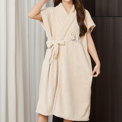 Coral Fleece Bathrobe with Rabbit Ear Embroidery for Home and Bathroom