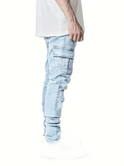 Men's Slim Fit Cargo Jeans Solid Mid Denim Pants