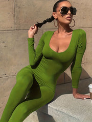 Solid Crew Neck Long Sleeve Bodycon Jumpsuit Women's Clothing