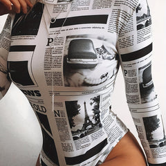 Newspaper Print Bodysuit Long Sleeve Sexy One Piece