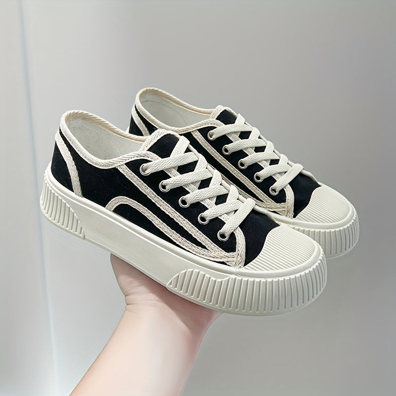Women's Platform Canvas Shoes Round Toe Lace Up Low Top Sneakers