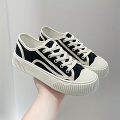 Women's Platform Canvas Shoes Round Toe Lace Up Low Top Sneakers