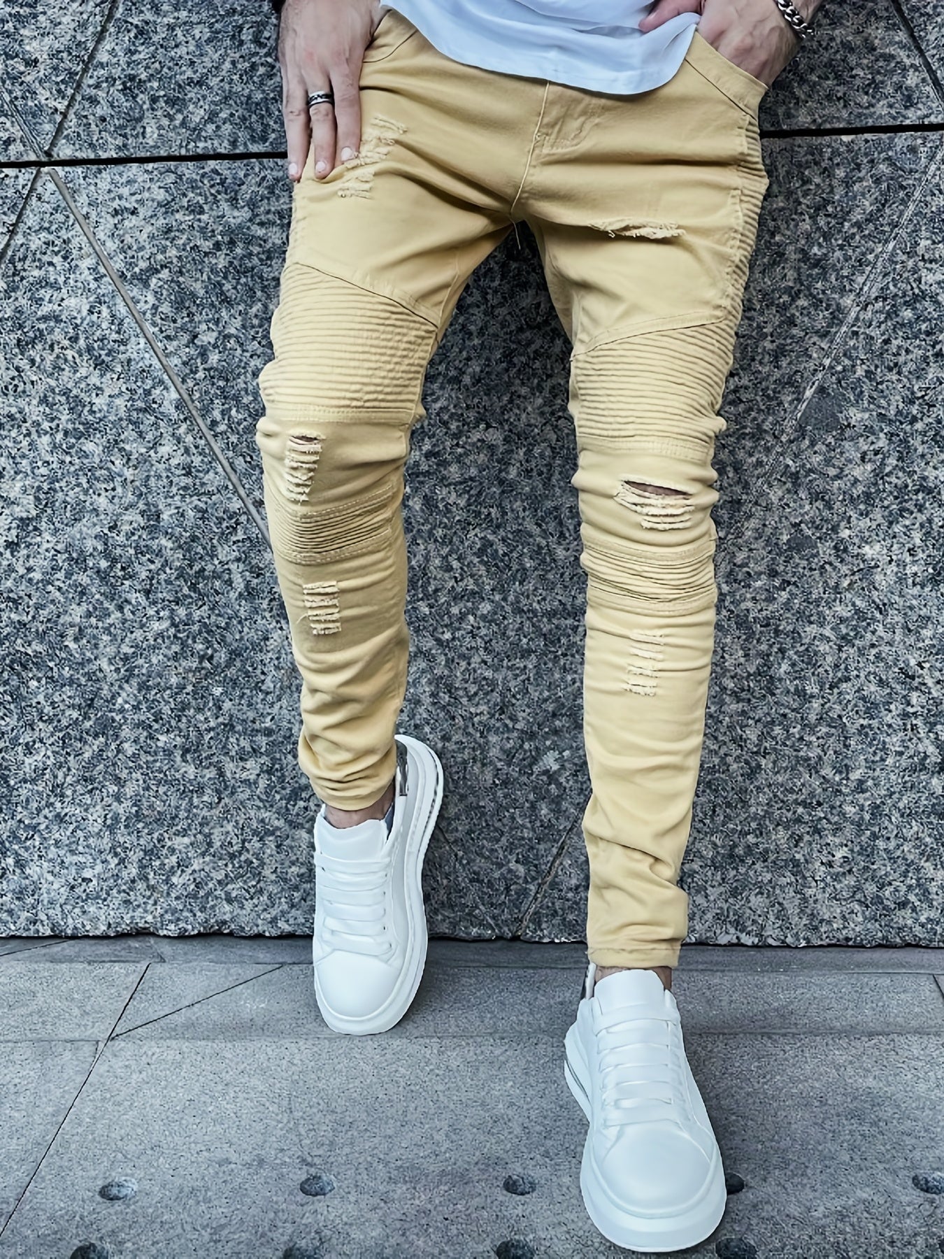 Slim Fit Ripped Jeans Men Casual Street Style High Stretch Denim Pants