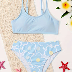 2pcs Girls Sweet Bikini Swimsuit Sets Solid Top Flower Graphic Briefs Set