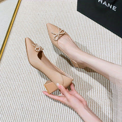 Pearl Bowknot Mid Heel Pointed Toe Pumps