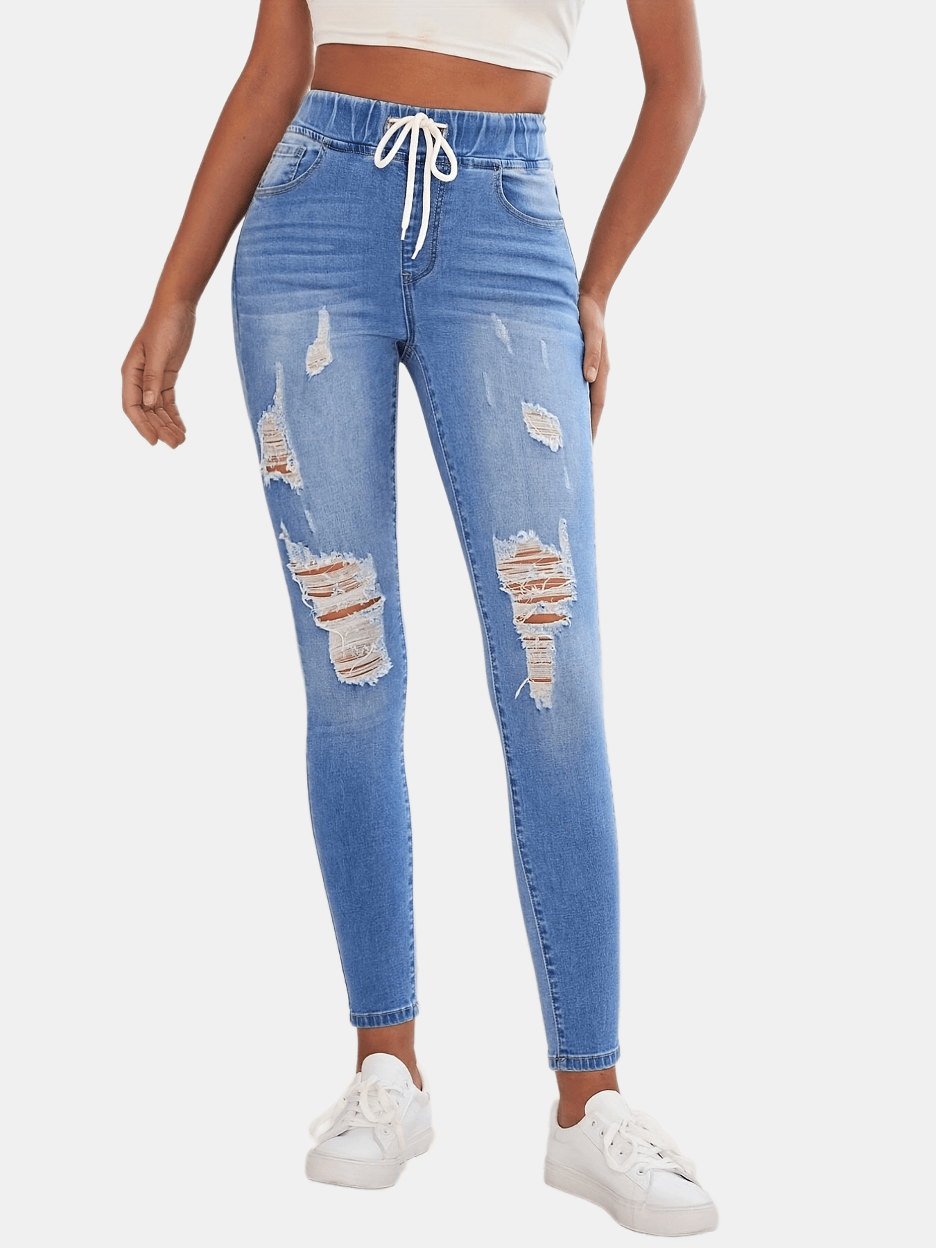 Ripped Holes Skinny Jeans Slim Fit Distressed Elastic Waist Versatile Denim Pant
