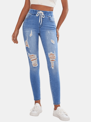 Ripped Holes Skinny Jeans Slim Fit Distressed Elastic Waist Versatile Denim Pant
