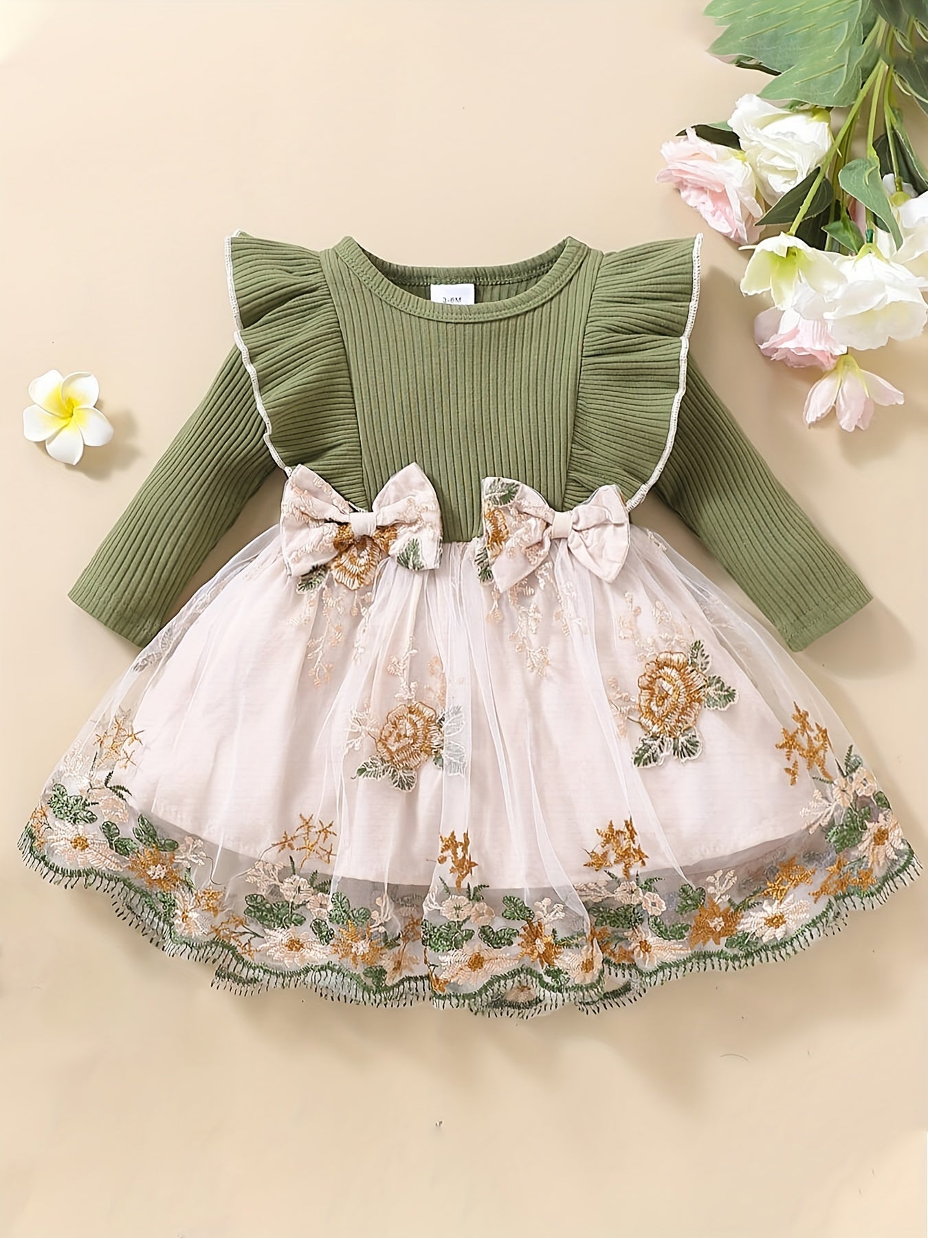 Floral Patchwork Bowknot Ruffle Sleeve Dress for Baby