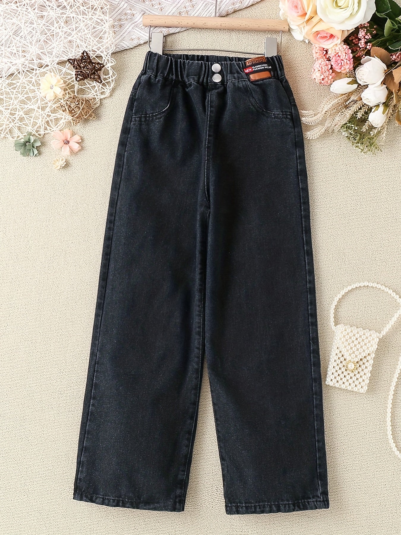 Girls Double Button Wide Leg Denim Pants