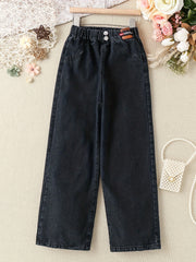 Girls Double Button Wide Leg Denim Pants