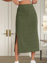 Ribbed Knit Side Split Skirt Casual Solid Every Skirt Women's Clothing