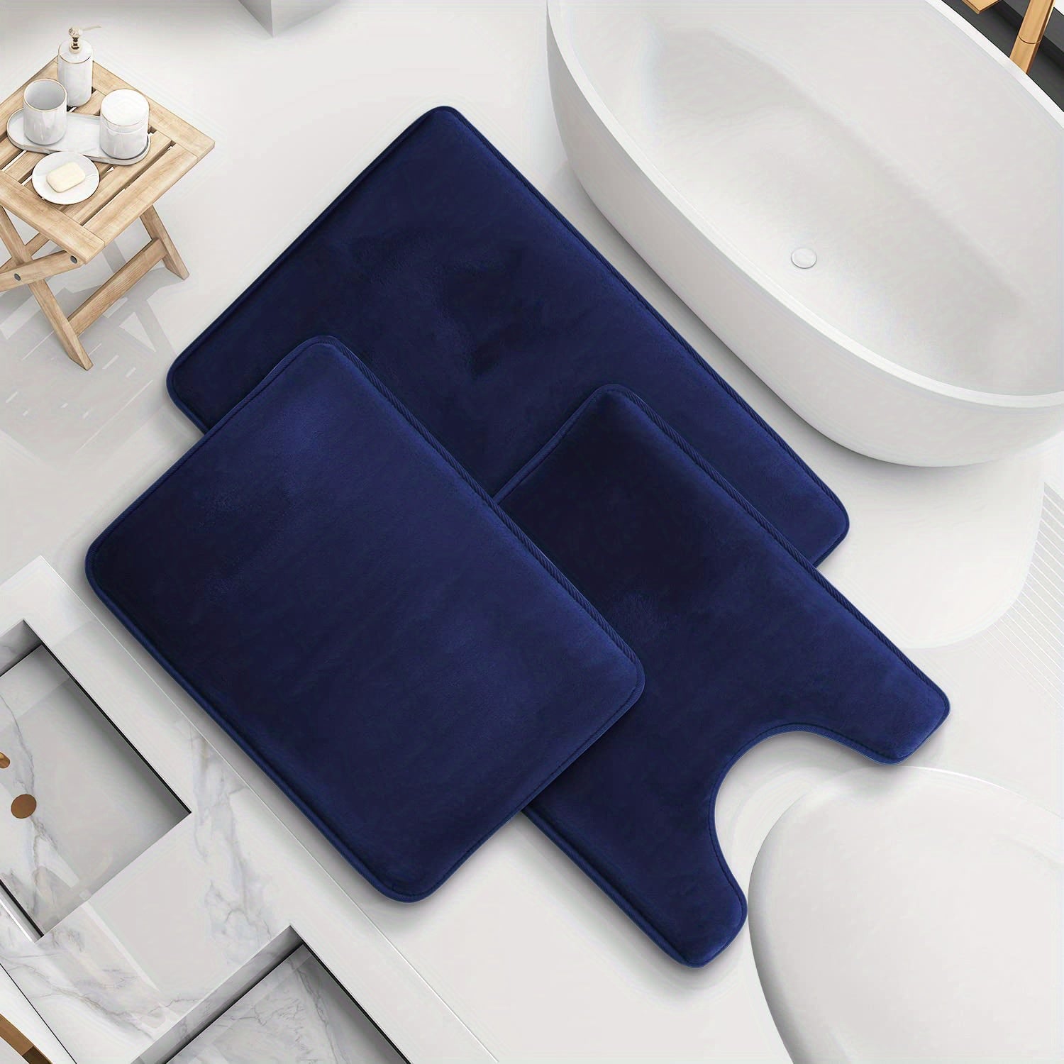 3pc Navy Bathmat Set Non Slip Bathroom Rug Cozy U Shape Mat Toilet Lid Cover Pad