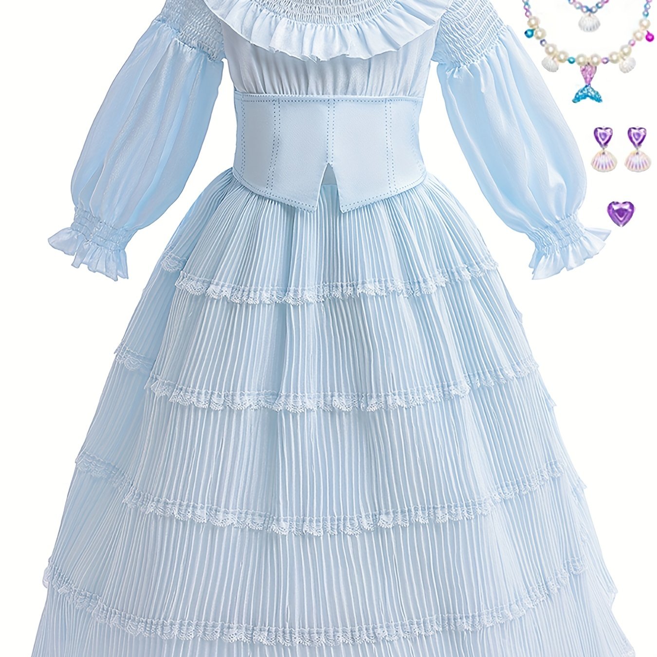Girls Princess Dress Long Puff Sleeve Tulle with Accessories