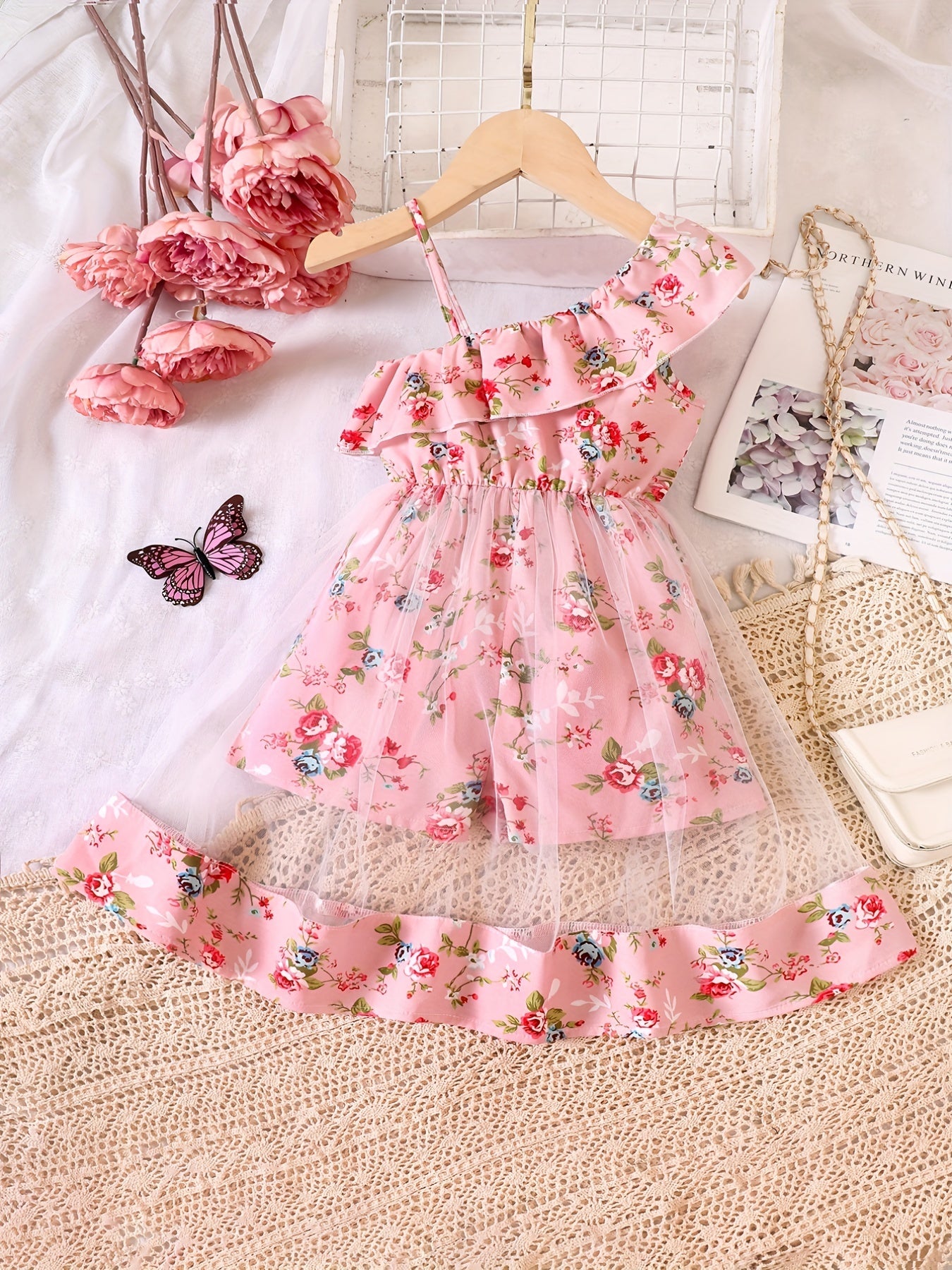 Toddler Girls Ruffle Trim Flowers Graphic Rompers Jumpsuits