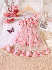 Toddler Girls Ruffle Trim Flowers Graphic Rompers Jumpsuits