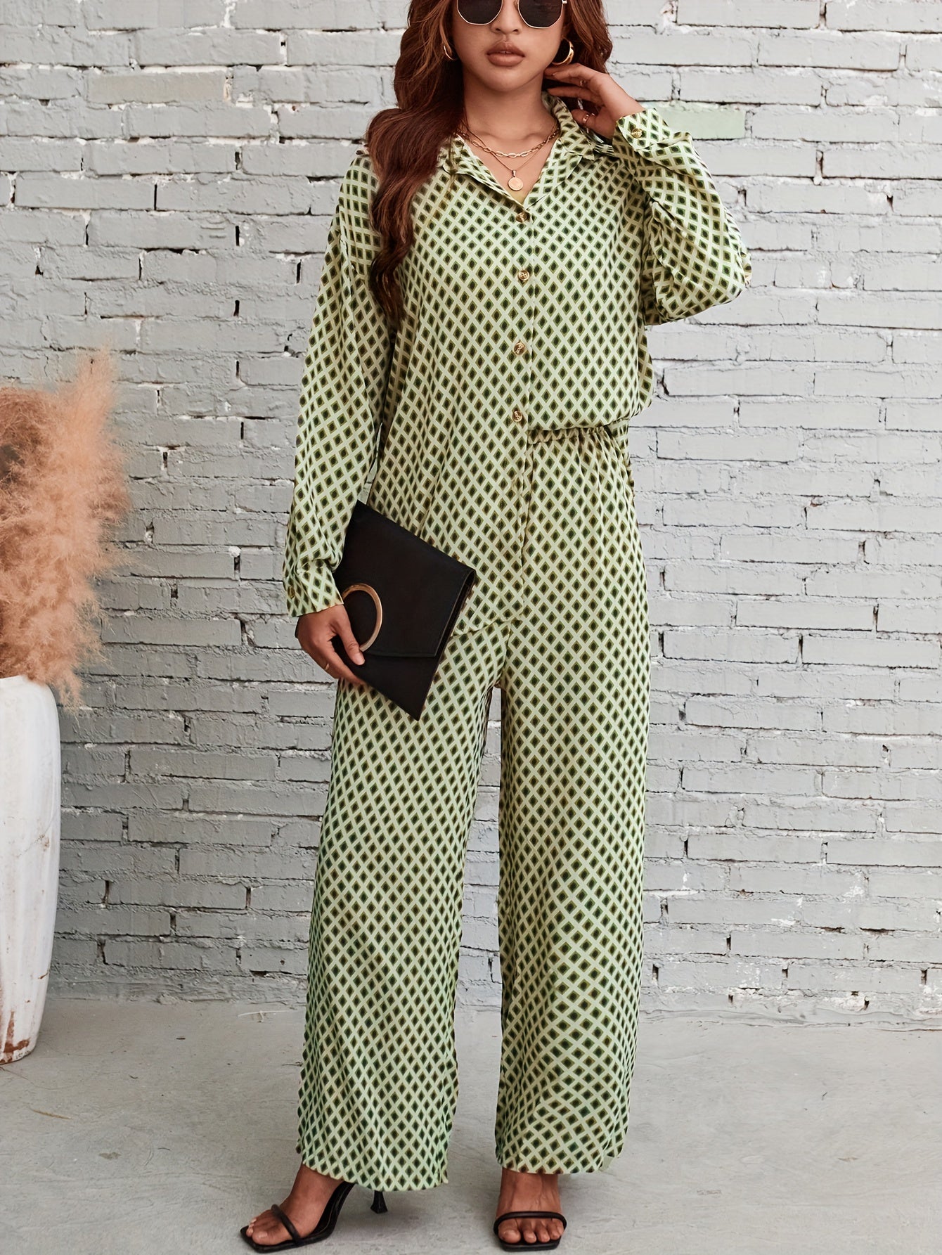 Plaid Print Two Piece Set Shirt & Pants Outfits Women's Clothing