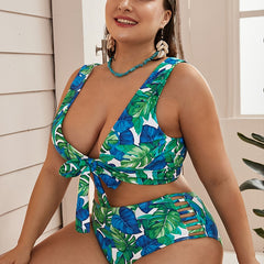 Floral Halter Neck Knot Front Bikini Set Women's Plus Size Two Piece Swimsuit