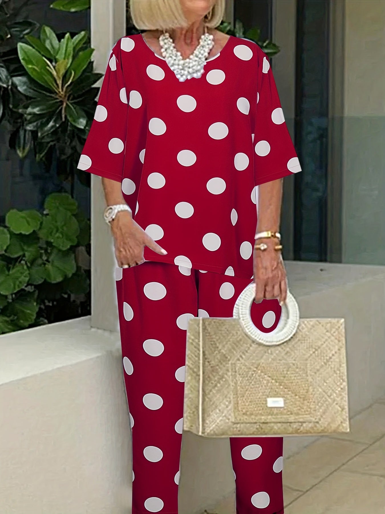 Women's Plus Polka Dot Tee & Pants 2pcs Set