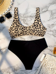 Leopard Print 2 Piece Bikini Set Stretchy High Waist Swimsuit