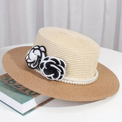 French Style Straw Hat Camellia Faux Pearl Chain Decor & Sun Hat