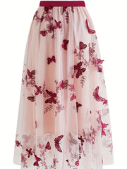 Butterfly Embroidered Midi Dress Elastic Waist Vacation Casual Dress