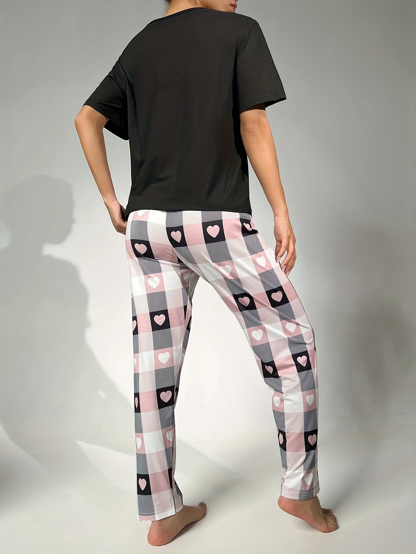 Heart Print Pajama Set Short Sleeve Round Neck Top & Plaid Pants