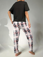 Heart Print Pajama Set Short Sleeve Round Neck Top & Plaid Pants