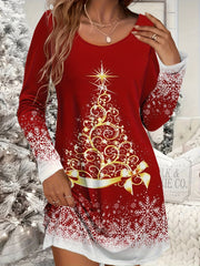 Women's Plus Glitter Christmas Tree & Snowflake Print Long Sleeve Tee Dress