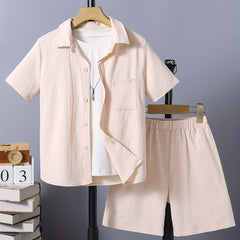 Boys 2pcs Button Down Shirt & Shorts Set Solid Textured Top Casual Kids Clothes