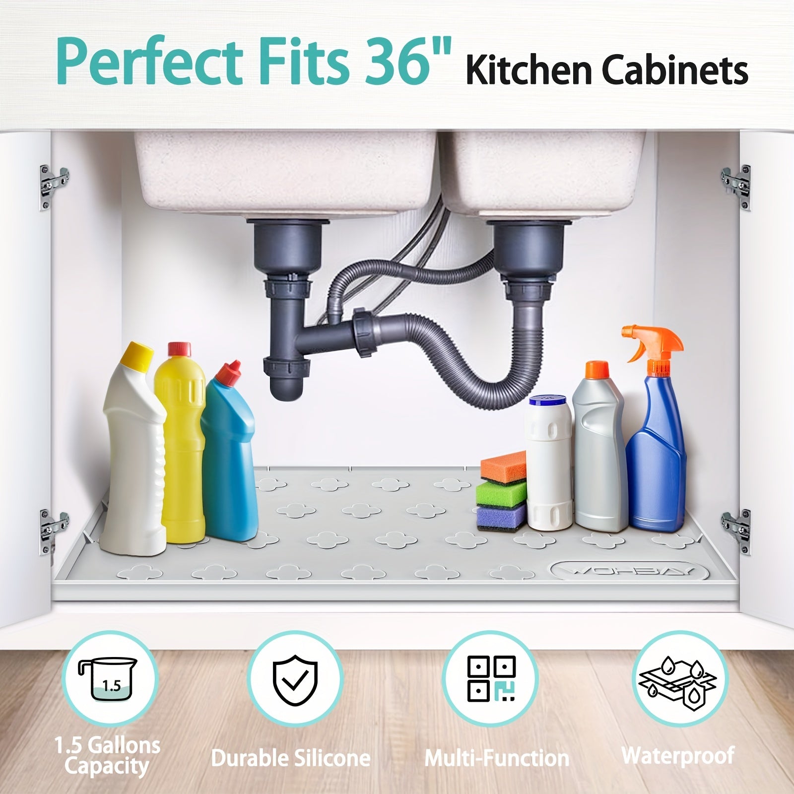 Waterproof Under Sink Mat 34 X 22 Silicone Drip Tray Liner for Kitchen Bathroom