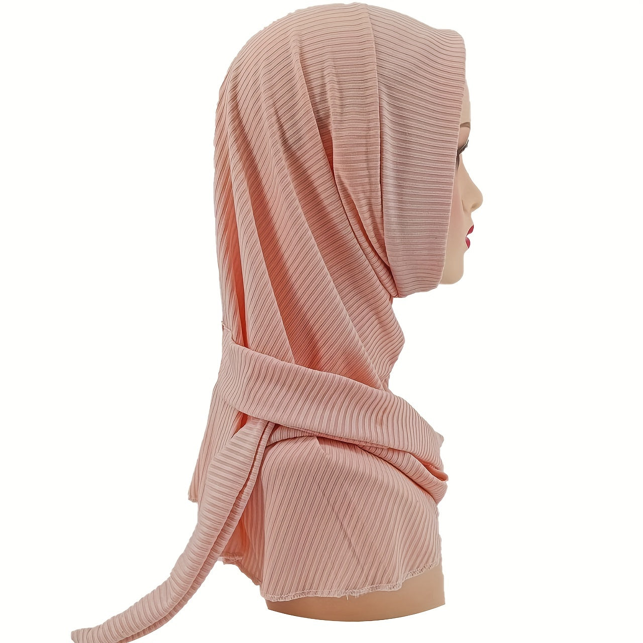 Solid Striped Hijab Snap Button Turban Head Wrap Long Shawl Head Scarf