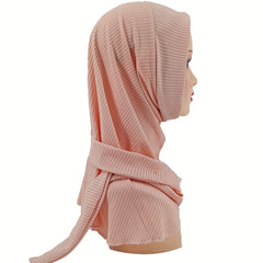 Solid Striped Hijab Snap Button Turban Head Wrap Long Shawl Head Scarf