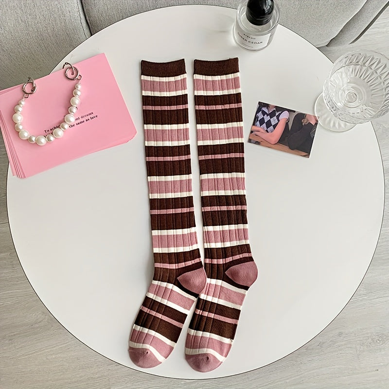 Colorblock Striped Calf Socks College Style All match Knee High Socks