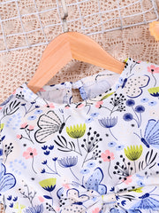 Girls Butterfly Print Ruffles Round Neck Princess Dress