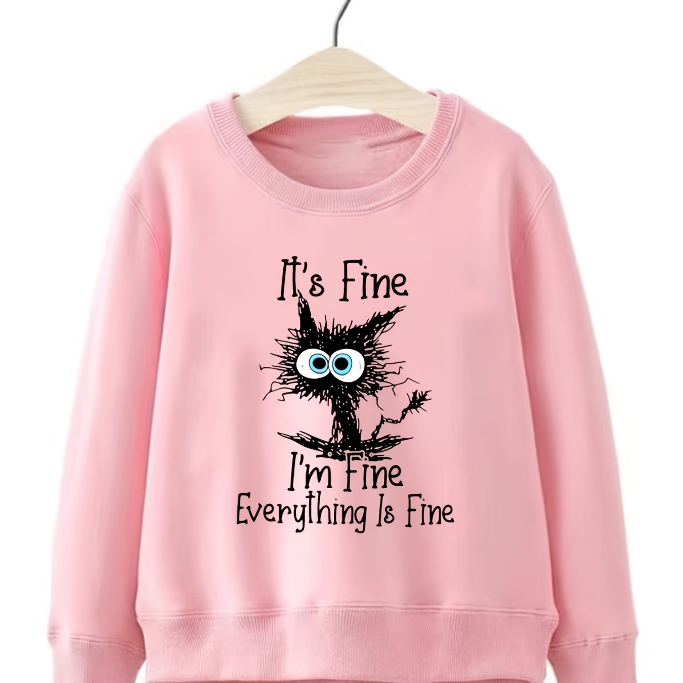 Fun Kitty Pattern Round Neck Sweatshirt For Girls
