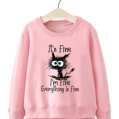 Fun Kitty Pattern Round Neck Sweatshirt For Girls