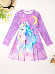 Little Girl Stylish Casual Cartoon Graphic Long Sleeve Dress