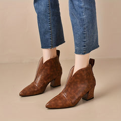 Women's Snakeskin V-cut Ankle Boots Chunky Heel Slip On Retro Short Boots