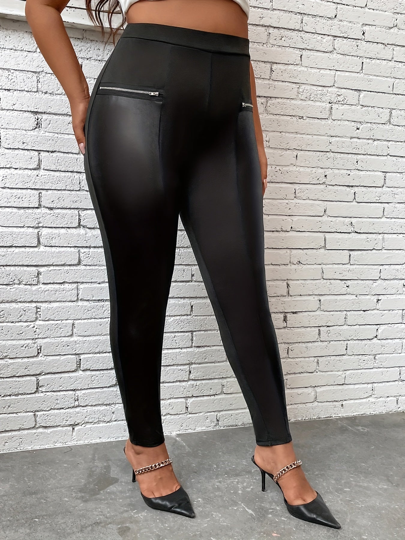 Zipper High Rise Leggings Solid Stretch