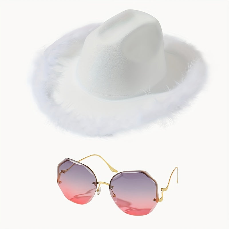 Y2K Feather Cowgirl Hat & Sunglasses Set - Cowboy Jazz Fedora Cap & Gradient Eye