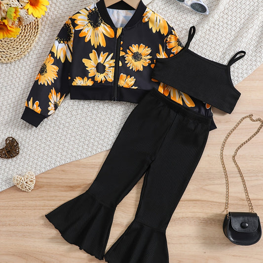 Girls 3pcs Sunflower Print Set - Cami Crop Tops, Flare Leg Pants, Zipper Jacket
