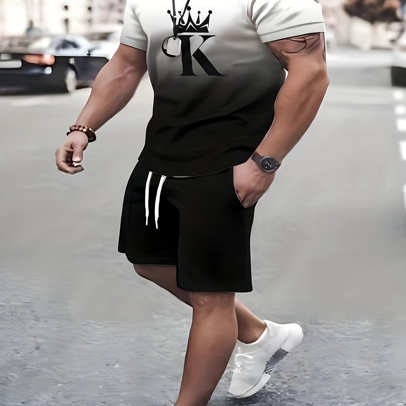 K&Crown Pattern Men's 2 Piece Outfits T-shirt & Drawstring Shorts Set