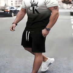K&Crown Pattern Men's 2 Piece Outfits T-shirt & Drawstring Shorts Set