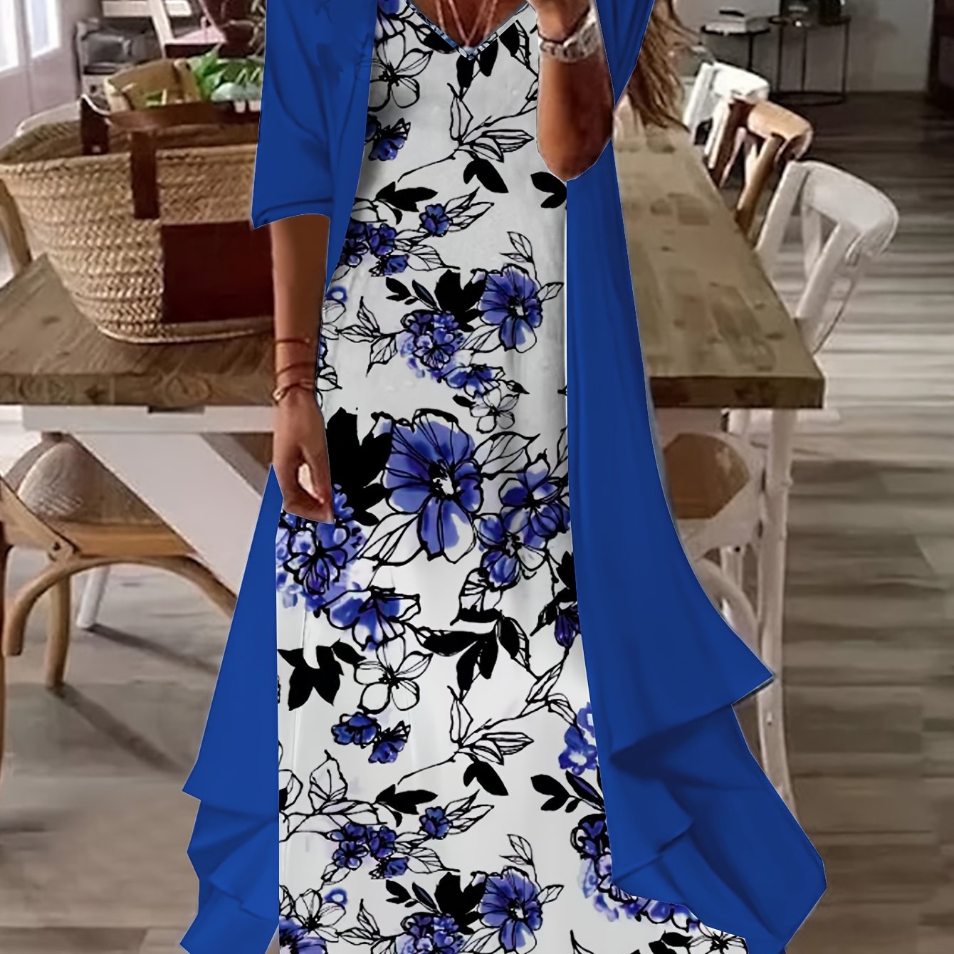 Floral Print Maxi Dress & Solid Cardigan Set