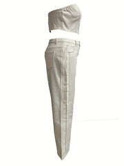 Ribbed Tube Top & Wide Leg Jeans 2 Piece Set