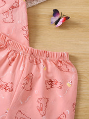 Toddler Girls Easter Rabbit Pajama Set V Neck Button Top & Shorts Sleepwear
