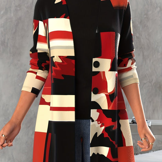 Geo Print Button Front Cardigan Long Sleeve Women's Clothing