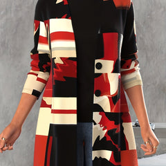 Geo Print Button Front Cardigan Long Sleeve Women's Clothing